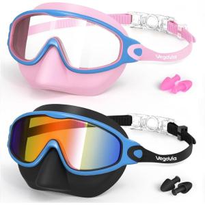 VegoVia 2 Pack Kids Swim Goggles with Nose Cover, Anti-Fog UV Protection Swimming Goggles for Kids Youth 3-15(Black Blue& Pink Blue)