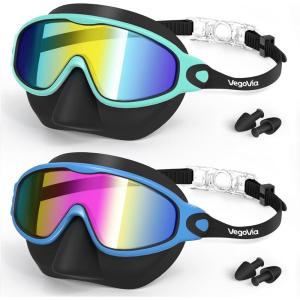 VegoVia 2 Pack Kids Swim Goggles with Nose Cover, Anti-Fog UV Protection Swimming Goggles for Kids Youth 3-15(Black Green& Black Blue)