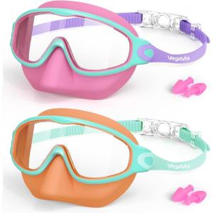 VegoVia 2 Pack Kids Swim Goggles with Nose Cover, Anti-Fog UV Protection Swimming Goggles for Kids Youth 3-15(Pink & Orange)