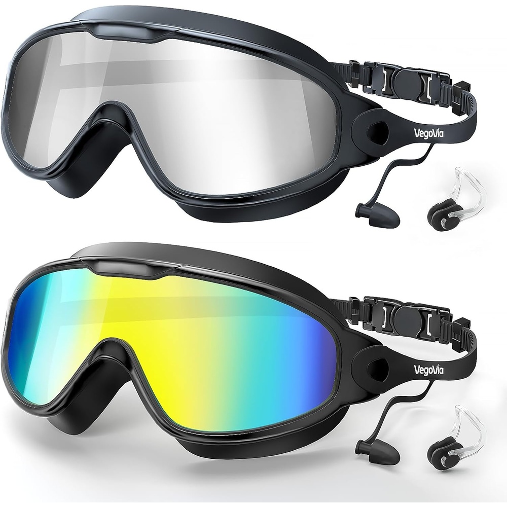 image:imageVegoVia Adult Swim Goggles 2 Pack AntiFog 180 Wide View UV Protection Pool Swimming Goggles for Adult Youth Men WomenSilverMirrored  AquaMirrored